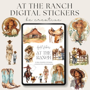 Peut inclure: Un ensemble d'autocollants numériques avec 52 autocollants pré-découpés et un carnet d'autocollants Goodnotes. Les autocollants présentent un style aquarelle et représentent un thème de ranch avec des cowboys, des chevaux et une grange. Le texte "autocollants numériques AT THE RANCH" est présenté sur le carnet d'autocollants.