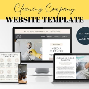 Pode incluir: Um modelo de site para uma empresa de limpeza. O modelo &eacute; edit&aacute;vel com Canva e apresenta um fundo amarelo com o texto "Modelo de site para empresa de limpeza" em preto. O modelo inclui um computador desktop, um tablet e um smartphone, cada um exibindo uma p&aacute;gina diferente do site. O computador desktop mostra a p&aacute;gina inicial com o texto "Estamos prontos para a limpeza. Reserve agora." O tablet mostra uma p&aacute;gina com o texto "Servi&ccedil;os de limpeza dom&eacute;stica" e uma lista de servi&ccedil;os. O smartphone mostra uma p&aacute;gina com uma foto de produtos de limpeza. O modelo tamb&eacute;m inclui um c&iacute;rculo com o texto "Edit&aacute;vel com Canva" em preto.