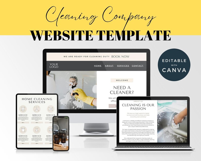 Pode incluir: Um modelo de site para uma empresa de limpeza. O modelo &eacute; edit&aacute;vel com Canva e apresenta um fundo amarelo com o texto "Modelo de site para empresa de limpeza" em preto. O modelo inclui um computador desktop, um tablet e um smartphone, cada um exibindo uma p&aacute;gina diferente do site. O computador desktop mostra a p&aacute;gina inicial com o texto "Estamos prontos para a limpeza. Reserve agora." O tablet mostra uma p&aacute;gina com o texto "Servi&ccedil;os de limpeza dom&eacute;stica" e uma lista de servi&ccedil;os. O smartphone mostra uma p&aacute;gina com uma foto de produtos de limpeza. O modelo tamb&eacute;m inclui um c&iacute;rculo com o texto "Edit&aacute;vel com Canva" em preto.