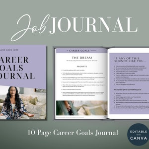 Puede incluir: Un diario de objetivos profesionales de 10 páginas con una portada morada y blanca. La portada presenta a una mujer meditando en un dormitorio. El texto "Job Journal" está en blanco en cursiva en la parte superior. El texto "Career Goals Journal" está en blanco sobre un fondo morado. El texto "The Dream" y "Prompts" está en negro sobre un fondo blanco. El texto "If any of this sounds like you..." está en negro sobre un fondo blanco. El texto "Editable with Canva" está en blanco sobre un fondo negro.