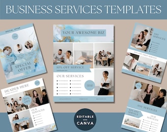 Può includere: Una raccolta di cinque modelli di servizi aziendali con schemi di colori blu e bianchi. I modelli presentano immagini di persone che lavorano in un ambiente d'ufficio, insieme a testo che include "Offerta speciale", "La tua fantastica azienda", "10% di sconto sul servizio", "I nostri servizi" e "Modificabile con Canva".