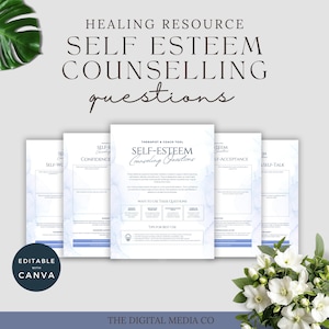 May include: A set of printable self-esteem counselling questions. The text includes "Healing Resource", "Self Esteem Counselling Questions", and "Editable with Canva". The design features a marble-like background with blue accents and white flowers.