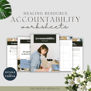 Op de afbeelding: Een verzameling "Accountability Worksheets" met een vrouw die op een laptop werkt. De tekst "Healing Resource" en "Accountability Worksheets" wordt weergegeven. De woorden "Editable with Canva" zijn ook zichtbaar.