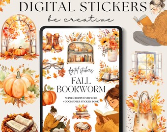 May include: Digital stickers featuring fall-themed illustrations, including pumpkins, leaves, books, glasses, and a woman reading. The text "digital stickers FALL BOOKWORM 50 PRE-CROPPED STICKERS + GOODNOTES STICKER BOOK" is displayed on the image.