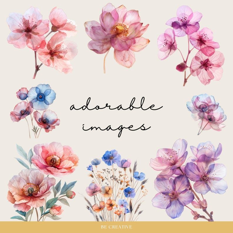 May include: A collection of watercolor illustrations featuring delicate pink and purple flowers. The flowers are arranged in a variety of poses, with some blooming fully and others in bud. The illustrations are perfect for adding a touch of elegance and beauty to any project.