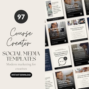 Op de afbeelding: Een collage van social media-sjablonen voor cursusmakers. De sjablonen hebben een zwart-wit ontwerp met tekst die vragen en prompts voor online cursussen bevat. De tekst bevat zinnen als "Als je je eigen online cursus zou kunnen maken, wat zou het onderwerp dan zijn?" en "Wat is een advies dat je mindset over leren, zaken of leven heeft veranderd?"