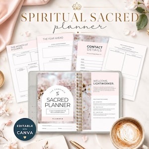 May include: A spiral-bound planner titled Spiritual Sacred Planner with pages featuring sections for The Year Ahead, Contact Details, and Month at a Glance. The cover displays the text The Complete Sacred Planner A Daily Planner for the Soul-Aligned Coach.