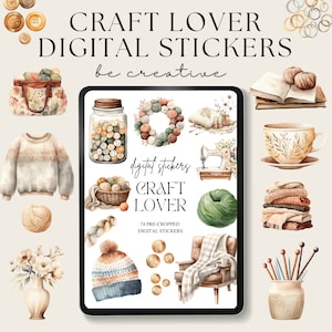 Craft Lover Stickers, Cropped Png Files, Knitting Clipart, Crochet Embellishments, Crafty Ipad Planning, Journal Sticker Kit for Crafters