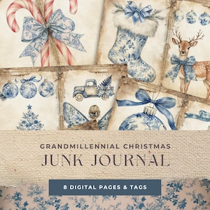 Kit diario natalizio Grandmillennial Junk, etichette per diario, pagine per scrapbooking, download immediato, diario vintage Junk, carte di Natale