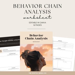 Puede incluir: Una hoja de trabajo titulada "Behavior Chain Analysis", editable en Canva, con 16 páginas. La imagen presenta a una mujer mirando una puesta de sol y varias páginas con indicaciones para la autorreflexión. El logotipo de The Digital Media Co está en la parte inferior.