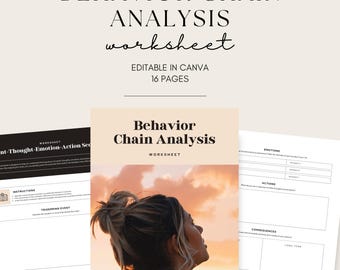 Foglio di lavoro per l'analisi della catena comportamentale, strumento di terapia DBT di 16 pagine, quaderno di lavoro sulla salute mentale, modello di diario CBT, download immediato da Canva