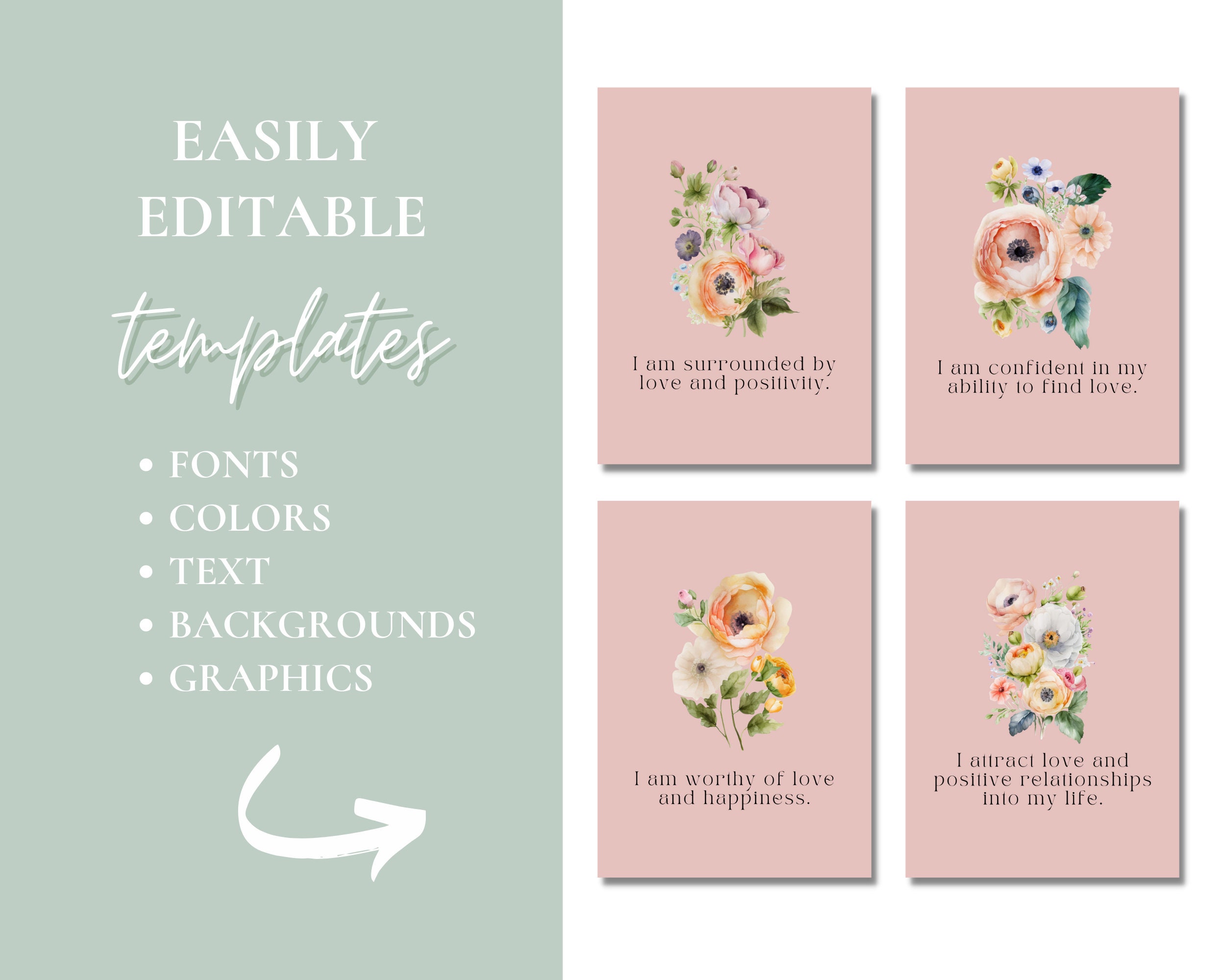 Attract Love Affirmation Cards Template Canva, Affirmation Station ...