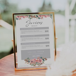 Preisliste Salon Vorlage Canva, Preisblatt, Preisliste für Salon, Preisliste für Beauty Business, Instant Download, Nagelstudio Canva