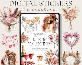 May include: A digital sticker pack with a rustic Valentine's Day theme. The pack includes 50 pre-cropped stickers and a Goodnotes sticker book. The stickers feature hearts, flowers, couples, and other romantic elements in watercolor style.