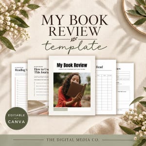 May include: A digital book review template featuring multiple white pages with black text and a central cover page showing a person reading a book. The text reads MY BOOK REVIEW template, How to Use This Journal, and Editable with Canva.