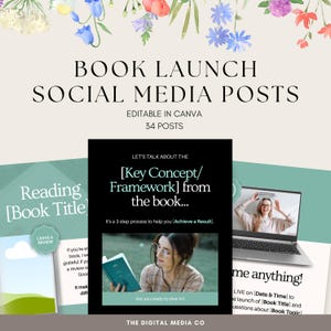 May include: A promotional graphic for book launch social media posts. The image features the text "BOOK LAUNCH SOCIAL MEDIA POSTS" and "EDITABLE IN CANVA 34 POSTS". It includes examples of social media templates with text and images.