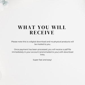 May include: Text on a white background that reads "WHAT YOU WILL RECEIVE".  The text below explains that this is a digital download and no physical products will be mailed to you.  It also explains that once payment is processed, you will receive a PDF file immediately in your account with download links.  The text ends with "Super fast and easy!"