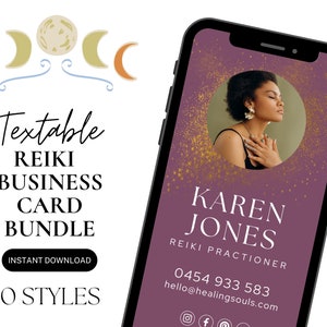 Paquete de tarjetas de presentación digitales Canva para maestros de Reiki, tarjetas de presentación de Reiki editables, tarjetas de presentación editables para practicantes de Reiki