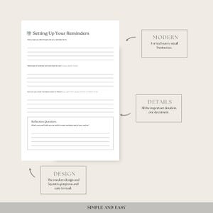Peut inclure: Une feuille de travail imprimable intitul&eacute;e "Setting Up Your Reminders" avec une liste de contr&ocirc;le pour la mise en place de rappels. La feuille de travail est con&ccedil;ue pour les petites entreprises technophiles et comprend une question de r&eacute;flexion. La feuille de travail est moderne et facile &agrave; lire.