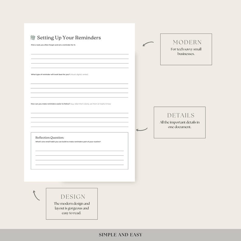 Peut inclure: Une feuille de travail imprimable intitul&eacute;e "Setting Up Your Reminders" avec une liste de contr&ocirc;le pour la mise en place de rappels. La feuille de travail est con&ccedil;ue pour les petites entreprises technophiles et comprend une question de r&eacute;flexion. La feuille de travail est moderne et facile &agrave; lire.