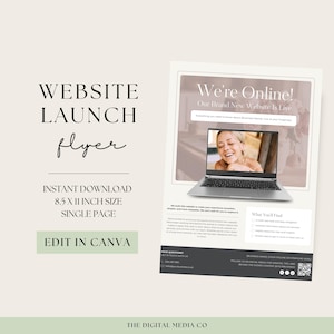 Può includere: Un volantino per il lancio di un sito web con il testo "WEBSITE LAUNCH flyer" in nero. Il volantino è un download immediato, di dimensioni 21,59 x 27,94 cm, e può essere modificato in Canva. Il volantino dice anche "We're Online! Our Brand New Website Is Live".