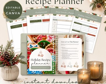 Christmas Recipe Planner Canva Template | Holiday Meal Planner | Printable Recipe Book | Christmas Dinner Organizer | Instant Download