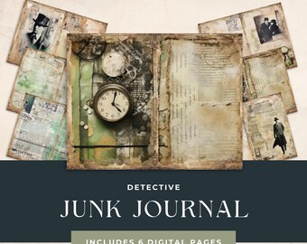 May include: Six digital pages of vintage style scrapbook paper with a detective theme. The pages feature images of a clock, a newspaper, and a man in a hat. The text "DETECTIVE JUNK JOURNAL INCLUDES 6 DIGITAL PAGES" is at the bottom of the image.