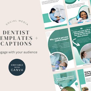 May include: A set of social media templates for dentists, featuring images of people smiling and text that says "Why wait to get your teeth in shape?" and "Make sure your smile is shining bright with our top-of-the-line dental clinic services!"