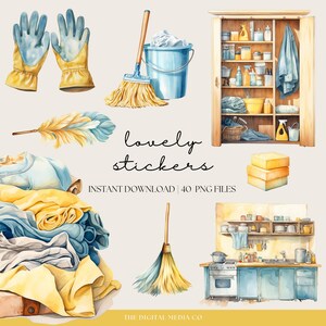 May include: A set of 40 watercolor illustrations of cleaning supplies, including a broom, dustpan, mop, bucket, sponges, cleaning gloves, and a cleaning supply cabinet. The illustrations are in a cartoon style and are perfect for creating digital stickers or scrapbooking.