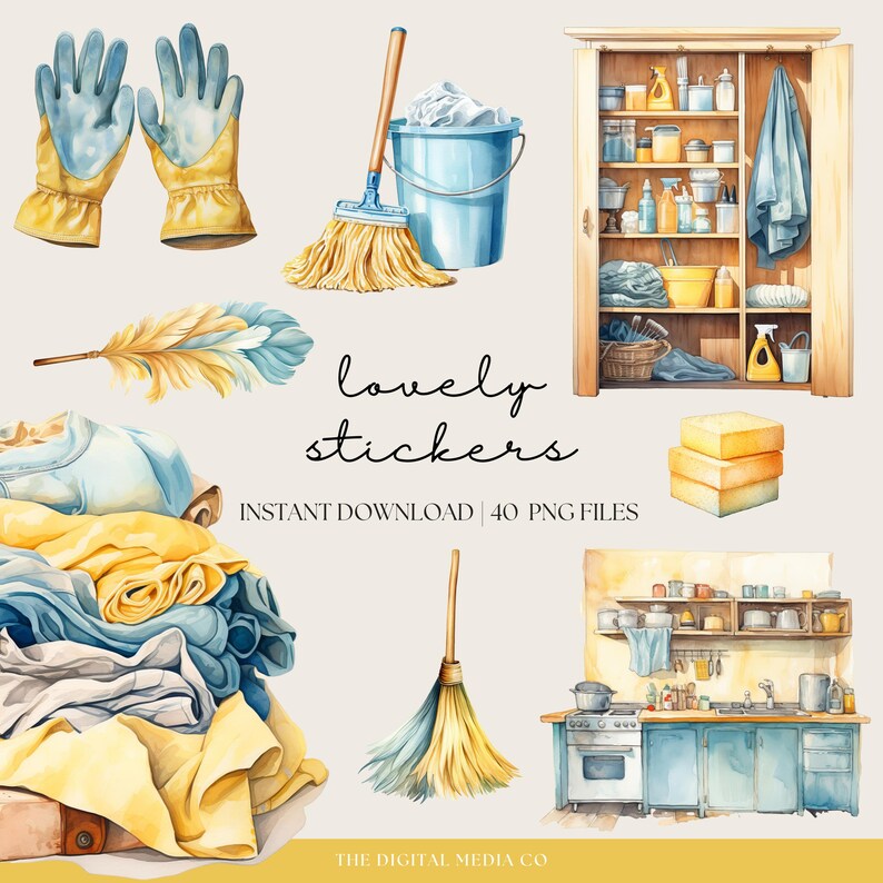 May include: A set of 40 watercolor illustrations of cleaning supplies, including a broom, dustpan, mop, bucket, sponges, cleaning gloves, and a cleaning supply cabinet. The illustrations are in a cartoon style and are perfect for creating digital stickers or scrapbooking.