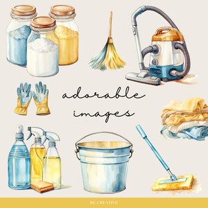 May include: A watercolor illustration of cleaning supplies, including a broom, a vacuum cleaner, a bucket, a mop, cleaning spray bottles, gloves, and jars of cleaning solution. The illustration is labeled "adorable images".