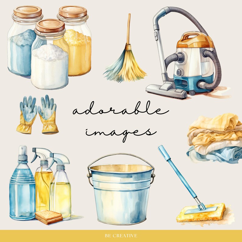 May include: A watercolor illustration of cleaning supplies, including a broom, a vacuum cleaner, a bucket, a mop, cleaning spray bottles, gloves, and jars of cleaning solution. The illustration is labeled "adorable images".