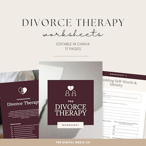 May include: A digital product featuring divorce therapy worksheets. The cover of the worksheets is a deep burgundy color with the words "Divorce Therapy" and "Worksheet" in white. The image also includes the text "Editable in Canva" and "17 Pages".