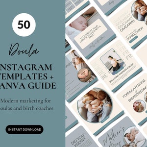 Könnte beinhalten: Ein Set mit 50 Instagram-Vorlagen für Doulas und Geburtshelfer. Die Vorlagen sind in einem modernen Stil mit einem blau-weißen Farbschema gestaltet. Der Text "Doula" ist in einer Schreibschrift geschrieben. Der Text "Instagram-Vorlagen + Canva-Anleitung" ist fett gedruckt. Der Text "Modernes Marketing für Doulas und Geburtshelfer" ist in normaler Schrift geschrieben. Der Text "Sofortiger Download" ist fett gedruckt.