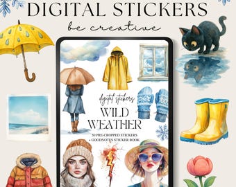 May include: Digital sticker set with a weather theme. The image features illustrations of a yellow umbrella, rain boots, a raincoat, and a woman in a coat. Text on the image reads "WILD WEATHER DIGITAL STICKERS" and "be creative".