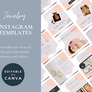 May include: A collection of pastel-coloured Instagram templates for jewellery businesses and makers. The templates feature images of jewellery, text overlays, and geometric shapes. The text on the templates includes "New Style", "Every Occasion", "Shop the Sale", "Gems & Diamonds", "Crystal Dreams", "Crystal Collection", and "Lesson 101".