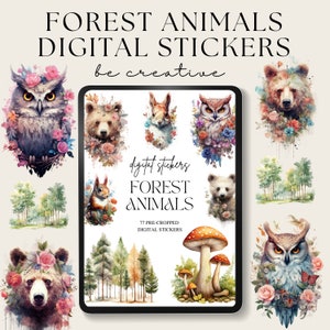 May include: Digital stickers featuring watercolour illustrations of forest animals, including owls, squirrels, bears, and mushrooms. The stickers are pre-cropped and ready to use for digital projects.