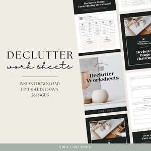 May include: A set of printable decluttering worksheets with a black and white design. The worksheets include a bingo game, a decluttering challenge, and a checklist. The text on the worksheets reads "Declutter Bingo: Turn Tidying Into a Game!" and "The Complete Declutter Worksheets 2025 - 2026".