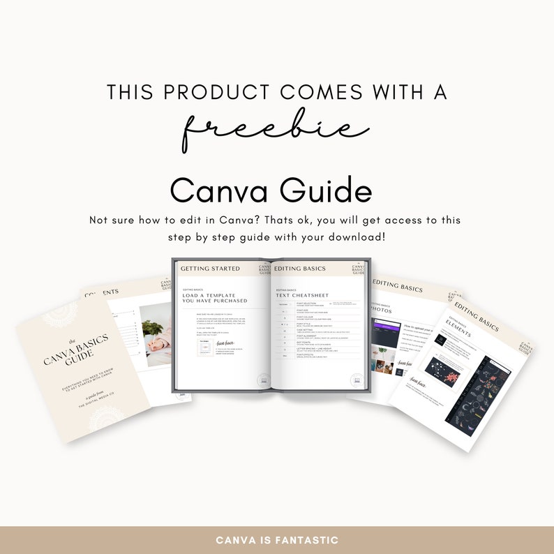 May include: A Canva Guide for editing templates. The guide includes sections on getting started, editing basics, text cheatsheet, and elements. The guide is a freebie with the purchase of a Canva template.