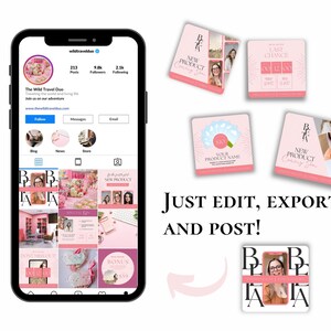 May include: A pink and white Instagram grid template with a phone screen displaying a social media profile. The template includes images of a woman, flowers, and text that says "New Product Coming Soon".