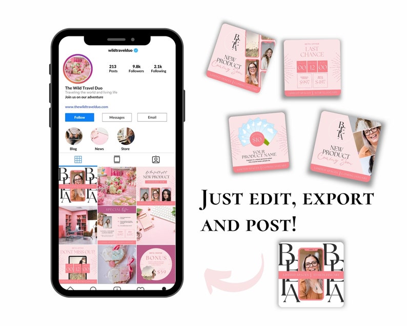 May include: A pink and white Instagram grid template with a phone screen displaying a social media profile. The template includes images of a woman, flowers, and text that says "New Product Coming Soon".