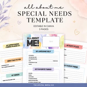 May include: A five-page digital template titled All About Me Special Needs Template, editable in Canva. The pages feature pastel watercolor feather accents, blank lines for personal information, and sections for super powers, communication, senses, and favorites.