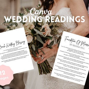 May include: A set of 12 printable wedding readings with a white background and black text. The readings include "Beach Wedding Blessing" and "Foundation of Marriage by Regina Hill".