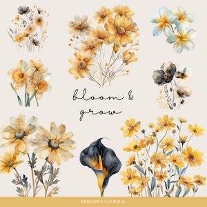 May include: A watercolor illustration of various yellow flowers with the text "bloom & grow" and "brighten your day".