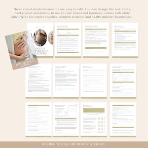 May include: A set of printable doula contracts and forms with a beige background and gold accents. The forms include a birth doula service agreement, financial agreement, client comments, and new client intake questionnaire. The text "BIRTH DOULA FORMS" is at the top of the page.