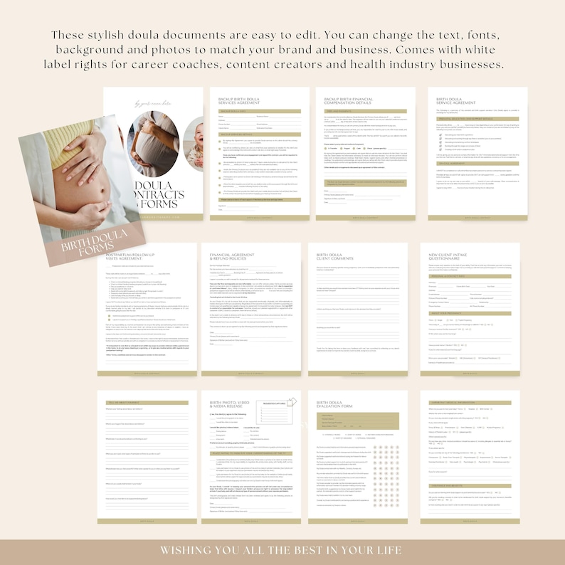 May include: A set of printable doula contracts and forms with a beige background and gold accents. The forms include a birth doula service agreement, financial agreement, client comments, and new client intake questionnaire. The text "BIRTH DOULA FORMS" is at the top of the page.