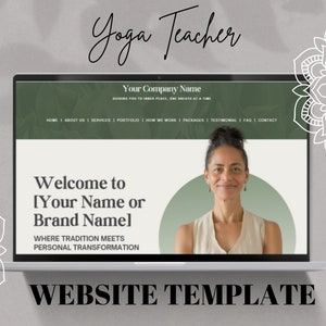 Pode incluir: A tela de um computador portátil que exibe um modelo de site para um professor de yoga. O site tem um fundo verde com o texto "Bem-vindo a [Seu nome ou nome da marca]" e "Onde a tradição encontra a transformação pessoal".
