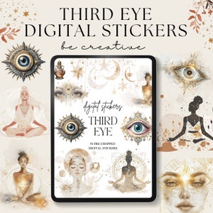 Könnte beinhalten: Ein Set digitaler Sticker mit 58 vorab zugeschnittenen Bildern zum Thema drittes Auge. Die Sticker beinhalten Illustrationen von Augen, Monden, Sternen und meditierenden Menschen. Der Text "digital stickers THIRD EYE 58 PRE-CROPPED DIGITAL STICKERS" ist auf weißem Hintergrund dargestellt.