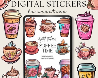 Coffee Lover Digital Planner Stickers | Digital Sticker Set | Goodnotes Stickers | Latte Stickers | Caffeine PNG Scrapbooking Decorations