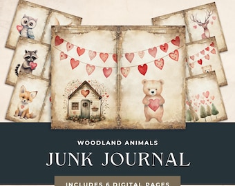 May include: Six digital pages featuring woodland animals with hearts and a house. The pages are designed for junk journaling.